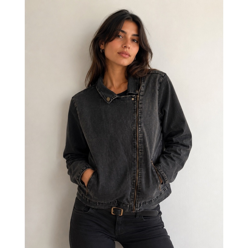 Doe & Rae Faded Black Denim Moto Jacket Asymmetrical Zip Womens Medium